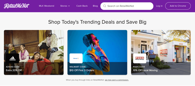 Homepage of RetailMeNot, one of the best money-saving apps in 2023 for trending deals and savings.