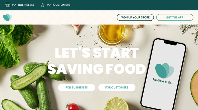 Homepage of Too Good To Go, the best money-saving app in 2023 for finding deals on food and drinks.