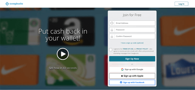 Homepage of Swagbucks, one of the best money-saving apps in 2023, helping you save money as you shop.