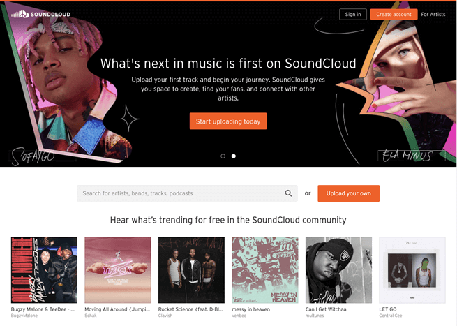 Can you listen to downloaded Apple Music without subscription?; a screenshot of the SoundCloud homepage as an example of alternatives to Apple Music.