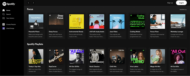 Can you listen to downloaded Apple Music without subscription?; a screenshot of the Spotify homepage as an example of alternatives to Apple Music.