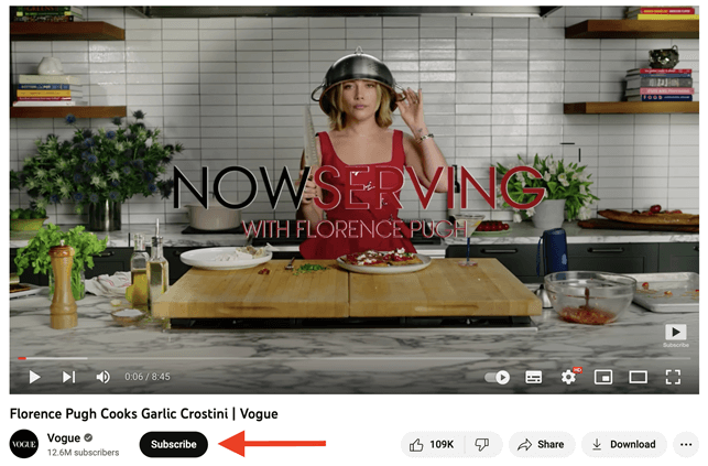 What does subscription on YouTube mean?; a Vogue YouTube video of Florence Pugh cooking garlic crostini with the subscribe button indicated underneath.