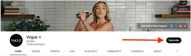 What does subscription on YouTube mean?; Vogue’s YouTube channel displays a cover image, profile image, channel menu and subscribe button on the right-hand side.